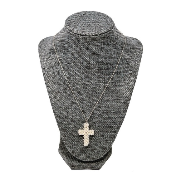 White Pearl Cluster Cross 4mm Cultured Freshwater Pearls & Sterling Silver Chain - Picture 1 of 8